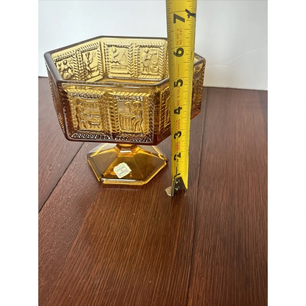 Vintage Imperial Glass Springerle Amber Pedestal Compote Candy Dish With Sticker